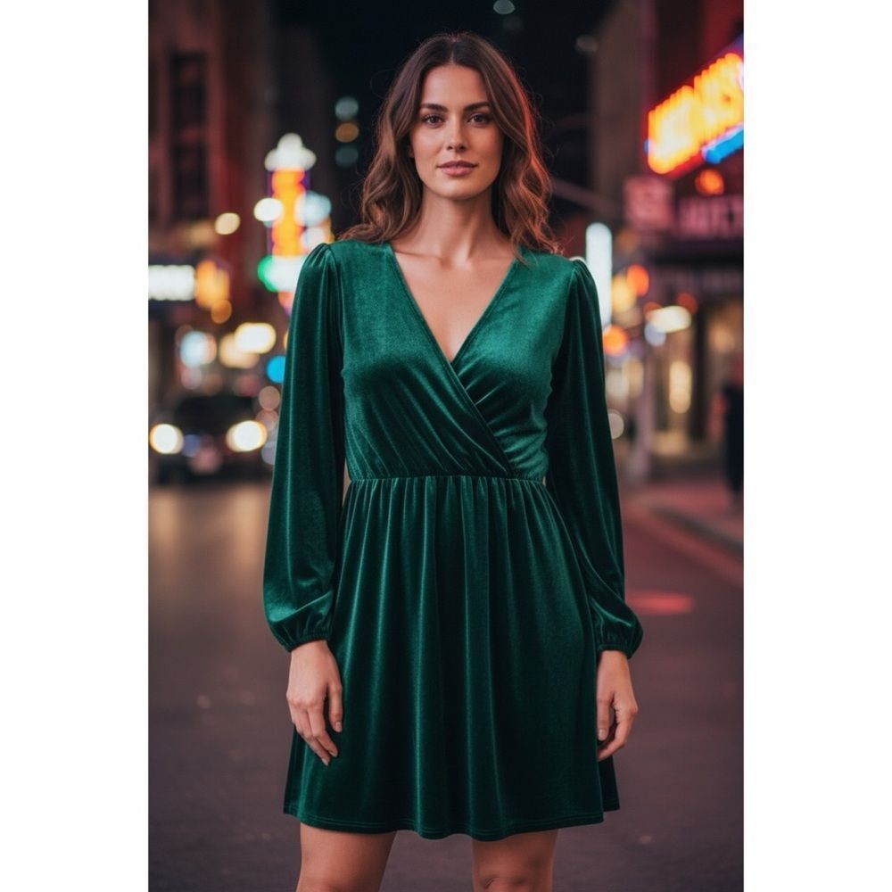 Belle Badgley Mischka Emerald Green Velvet Long Sleeve V-Neck Dress Sz 10 Formal